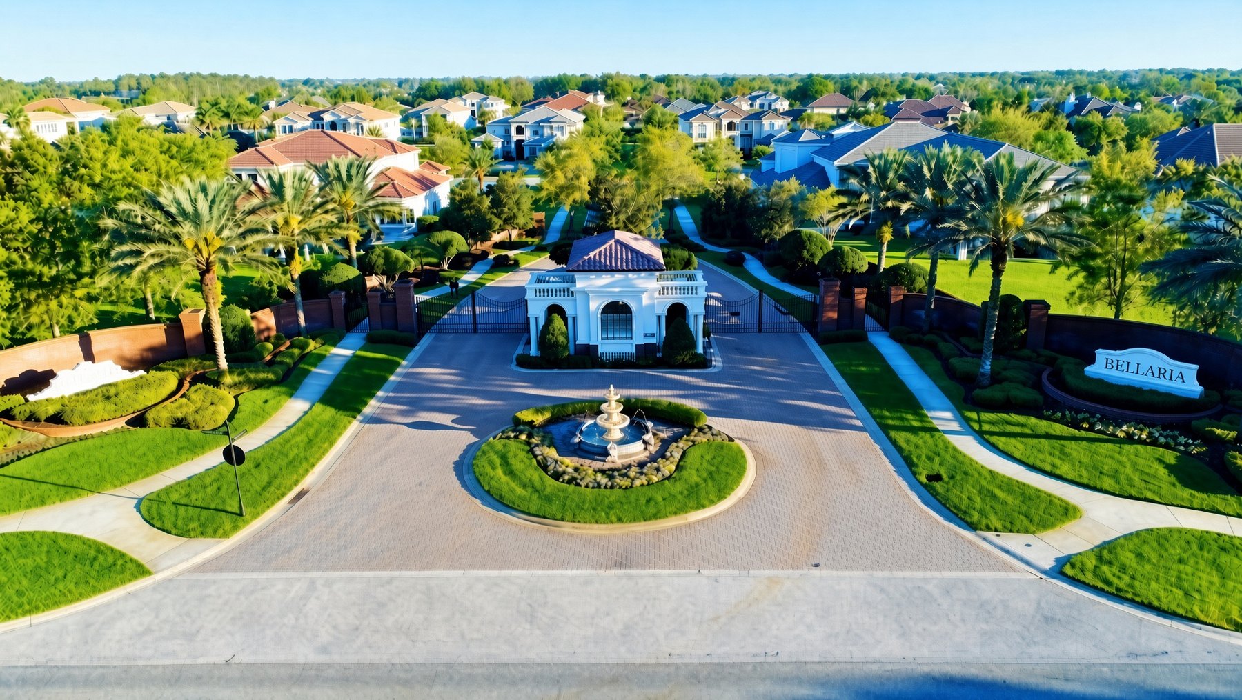 Aerial view of the Bellaria entrance, fountain, and gatehouse
